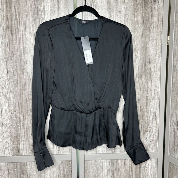 The Reset Top Small Blouse Satin Deep V Neckline Peplum Peyton NWT - Picture 1 of 8
